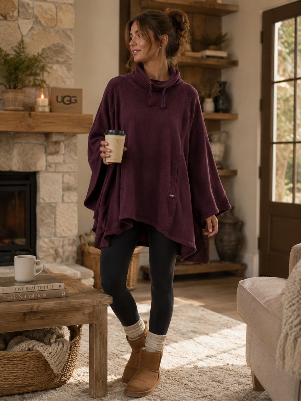 UGG Burgundy Poncho Sweater XS-S Cowl Neck Cape Fleece Cozy #UA6132W